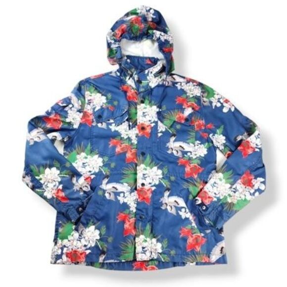 Staple Hooded Rain Jacket Coat Pigeon Brand Blue Floral Birds Print Size M - Picture 1 of 16